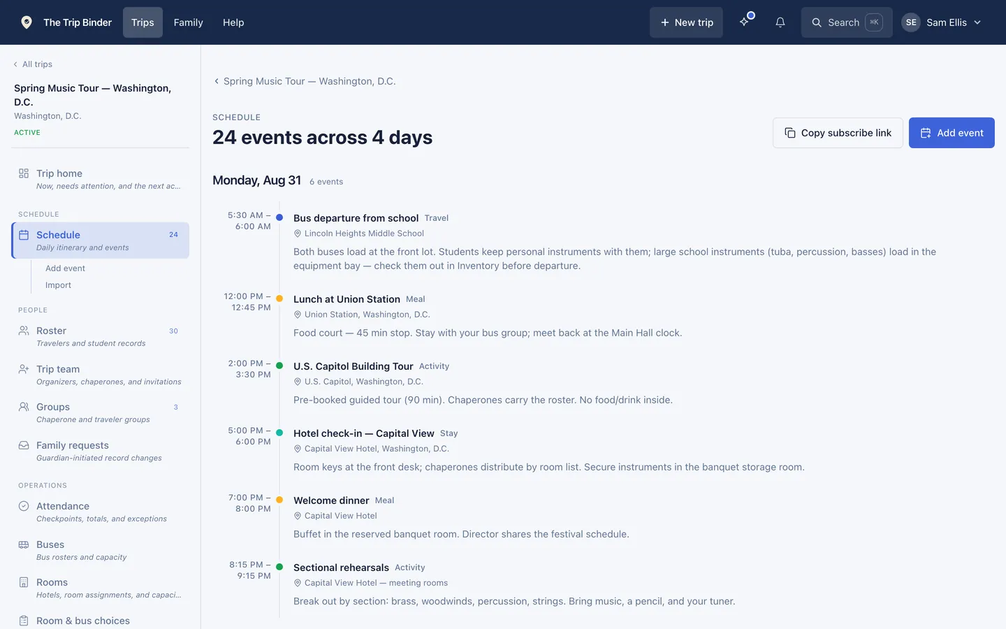 Day-by-day trip schedule with eight typed events across six days