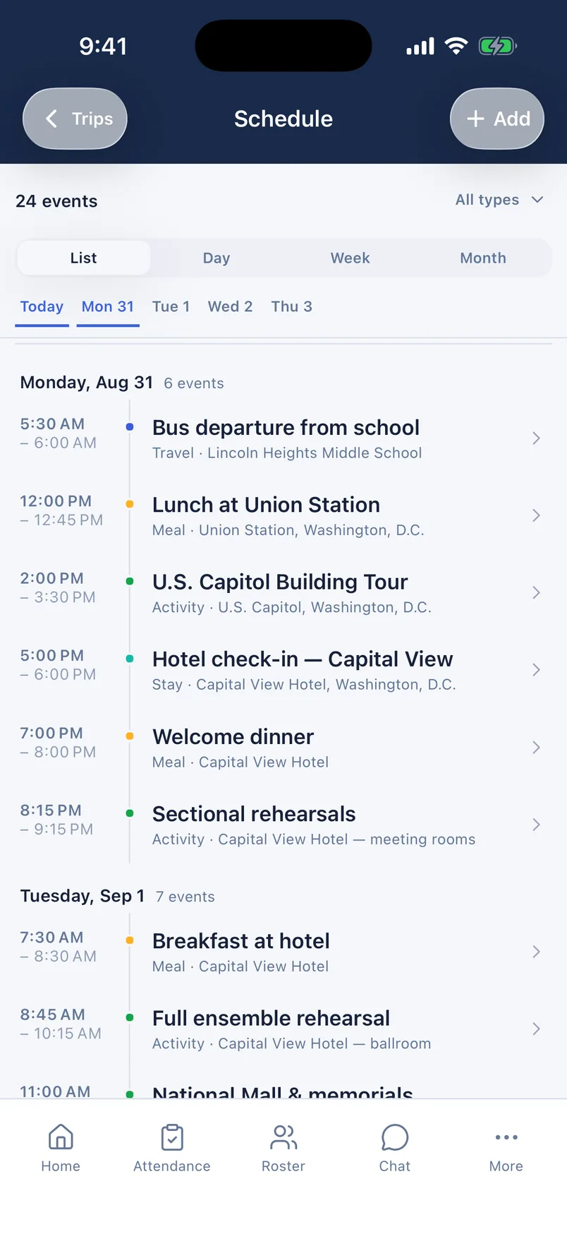 The day-by-day trip schedule on iPhone