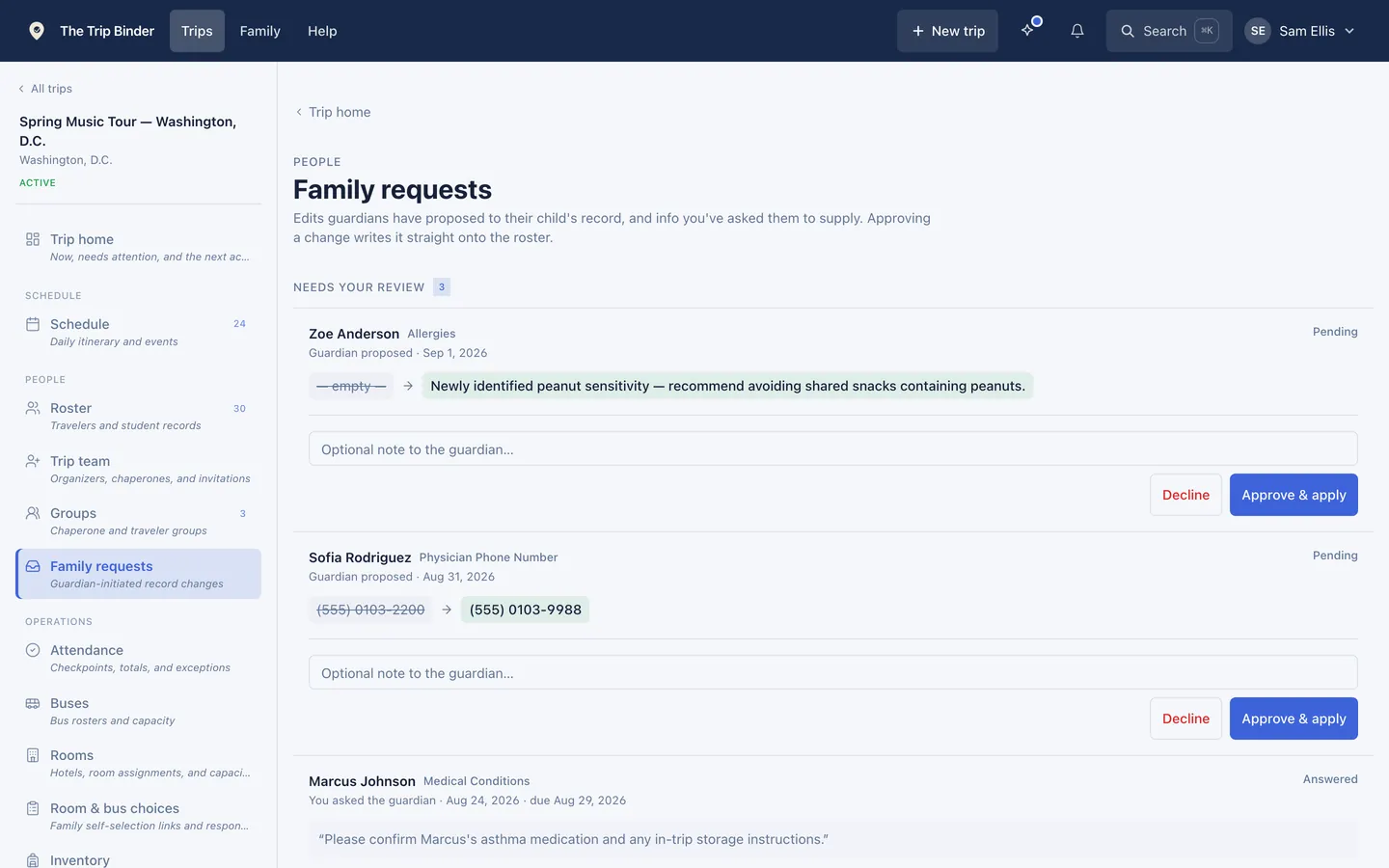 Family requests queue showing guardian-proposed record changes awaiting review