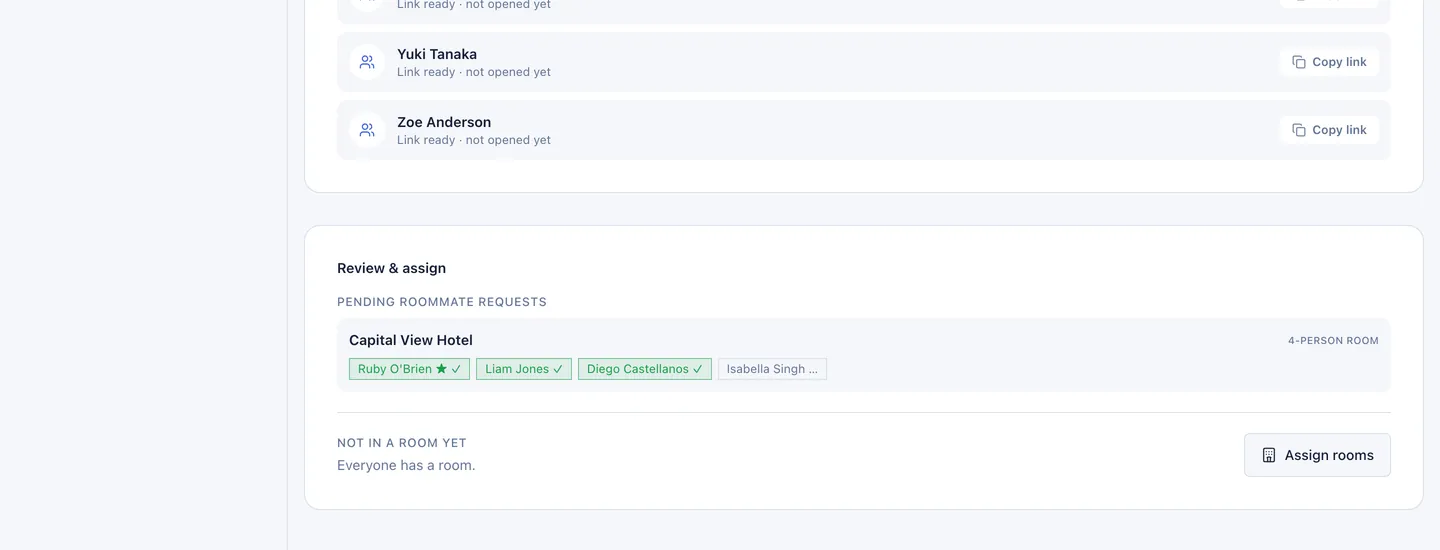 A pending roommate request for a four-person room with three members confirmed and one still to accept