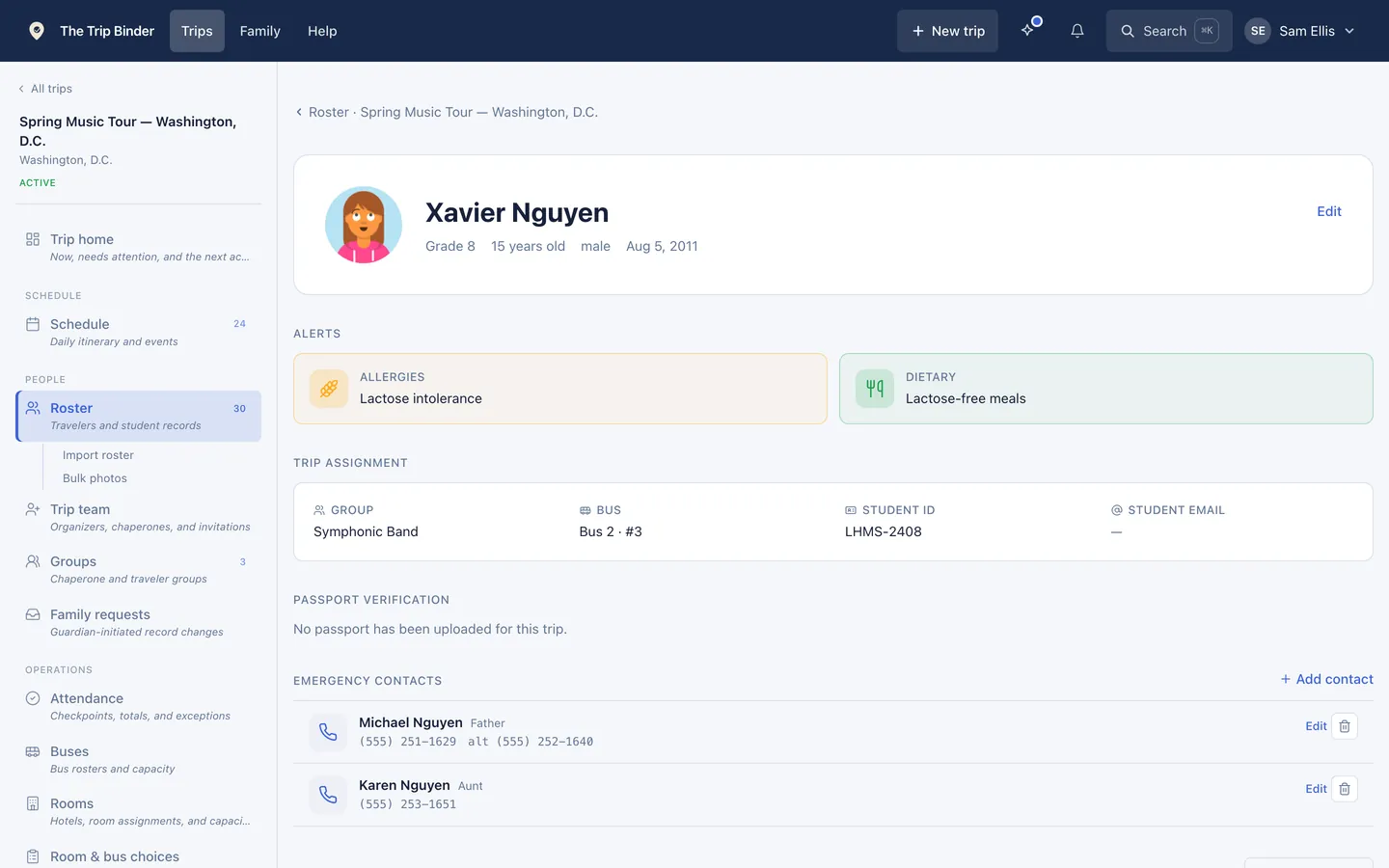 A traveler record showing a photo, allergy and dietary alerts, group, bus and student ID, and two emergency contacts